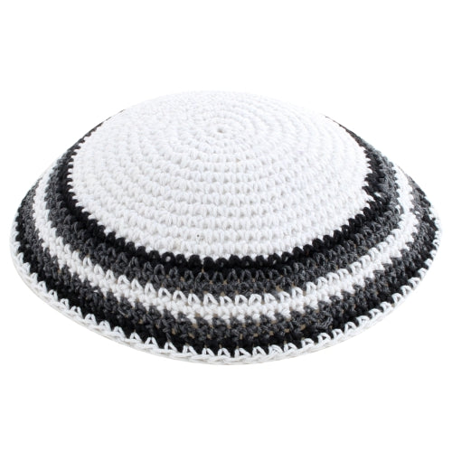 Knitted Kippah 17 cm- White with Gray, Black and White Stripes