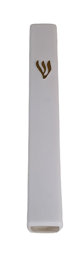 White Plastic Waterproof Mezuzah 12 cm - Gold Shin