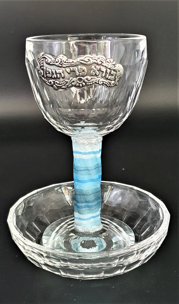 Crystal Kiddush Goblet with Silver Wine Blessing - Pale Blue Stripes