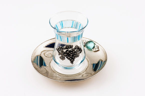 Crystal Kiddush Cup Set Decorated with Silver Grapes - Pale Blue