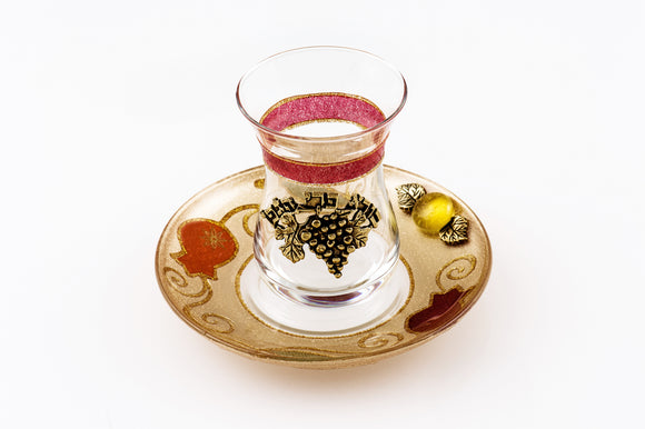 Crystal Kiddush Cup Set Decorated with Silver Grapes - Red II