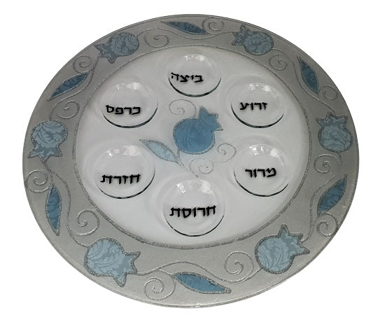 Decorated Border Passover Plate - Pale Blue Pomegranates