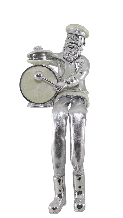 Silvered Polyresin & Beige Enamel Figurine with Cloth Legs 19 cm- Drums Player