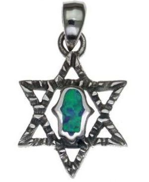 Star of David with Opal Hamsa   Sterling Silver Pendant