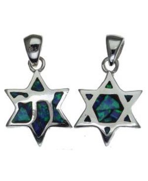 Two Sided Opal star of David with Chai  Sterling Silver Pendant