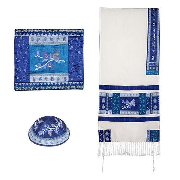 Tallit - Applique & Embroidery - Pomegranates - Blue