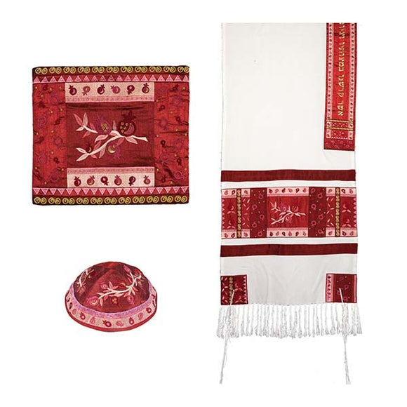 Tallit - Applique & Embroidery - Pomegranates - Maroon