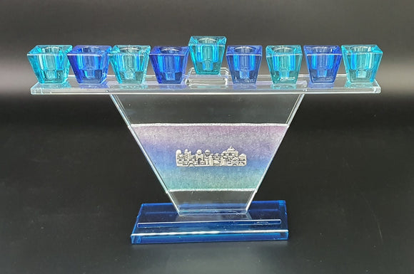 Trapezoid Crystal Jerusalem Motif Menorah - Blue