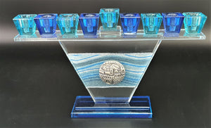 Trapezoid Crystal Round Jerusalem Motif Menorah - Blue