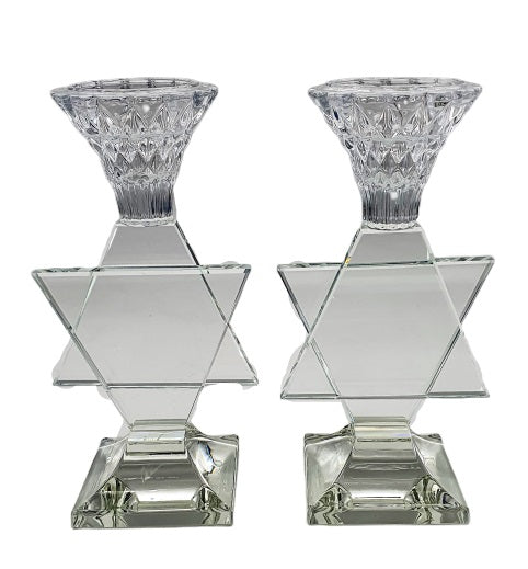Pair of Crystal Candlesticks Star of David - Clear