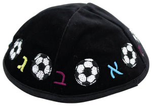 Velvet Kippah 20 cm- with Aleph Bet Letters in Soccer Theme-Assorted Black & Dark Blue