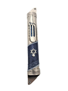 Pewter Mezuzah 10 cm Round - Silver, Blue