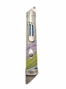 Pewter Mezuzah 10 cm Round - Green & Pink