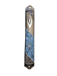 Pewter Mezuzah 10 cm Ornate Corners - Azure