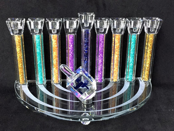 Crystal Menorah Multicolored Pillars with Dreidel