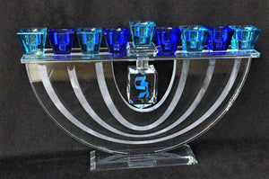 Crystal Rainbow Menorah with Dreidel - Blue