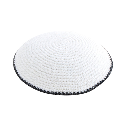 Knitted Kippah 16cm- White with Gray Stripe