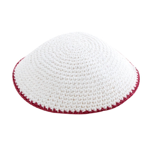 Knitted Kippah 16cm- White with Red Stripe