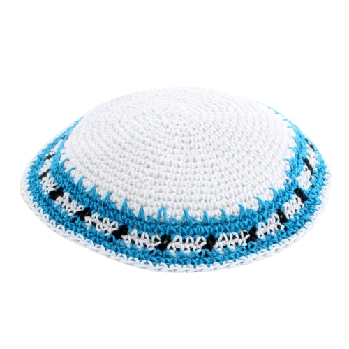 Knitted Kippah 16 cm- White with Blue, White and Dark Decoration