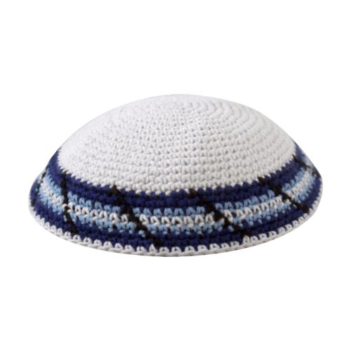 Knitted Kippah 16 cm- White with Blue, Light Blue and Black Decoration
