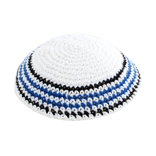Knitted Kippah 17 cm- White with Black Blue and White Stripes