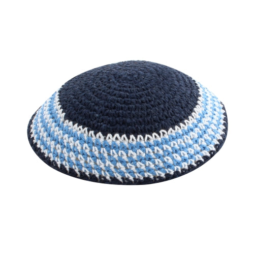 Knitted Kippah 15 cm- Dark Blue with Blue and White Stripes