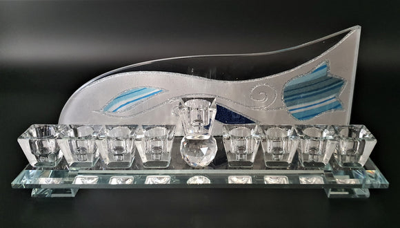 Crystal Menorah with Blue Tulip Wave Backing