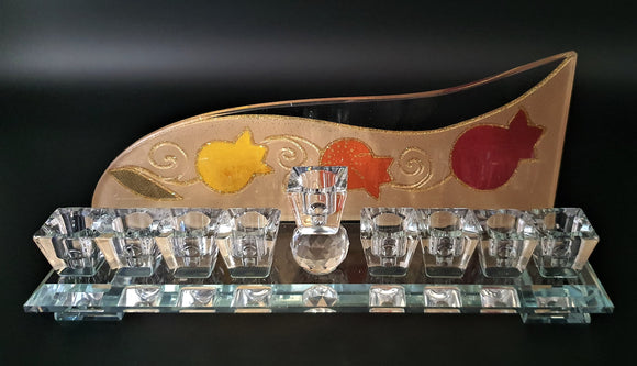 Crystal Menorah with Pomegranate Wave Backing