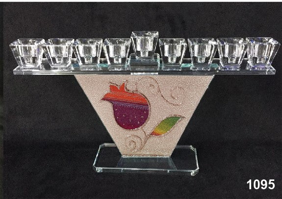 Trapezoid Crystal Menorah with Red Pomegranate