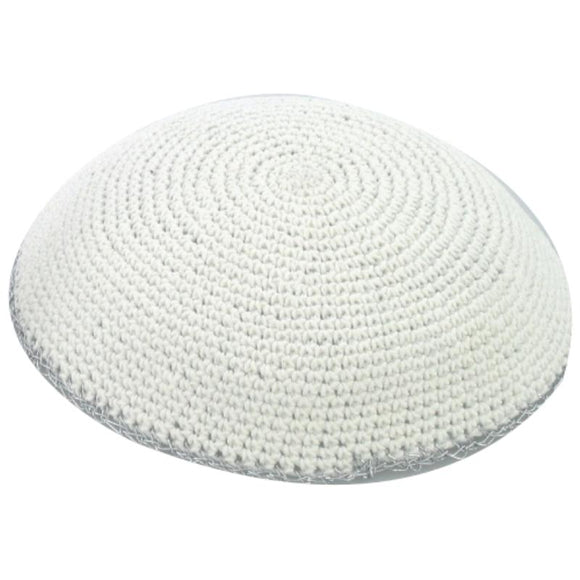 Knitted Kippah 17 cm- White with Silver Stripe