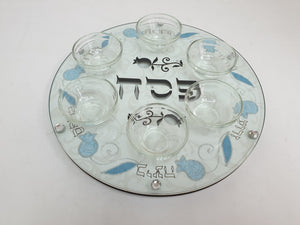 Cutout Seder Plate Glass & Wood 33 cm with Bowls - Blue