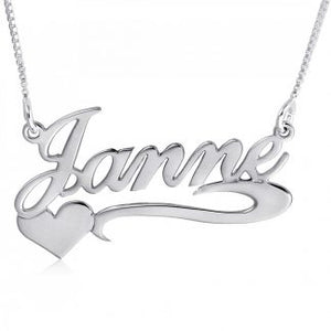 Sterling Silver English Script Name Necklace with Heart & Flourish