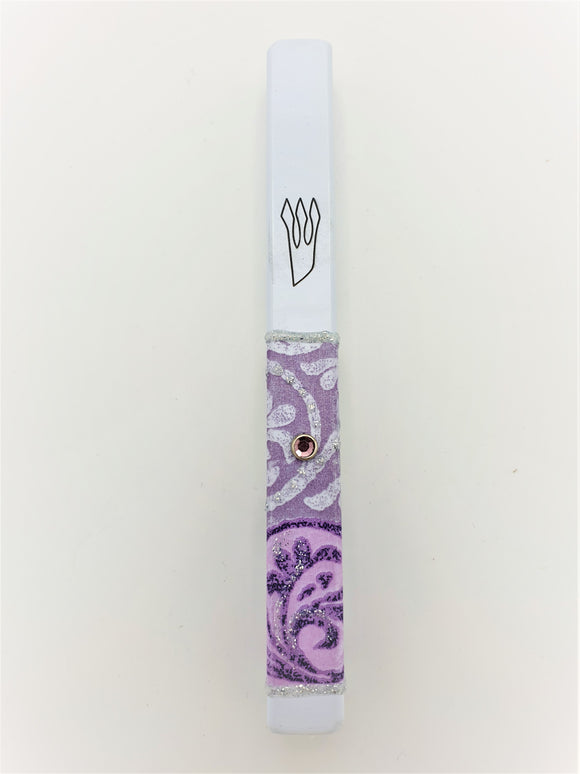White Metal Mezuzah 12 cm - Purple Design