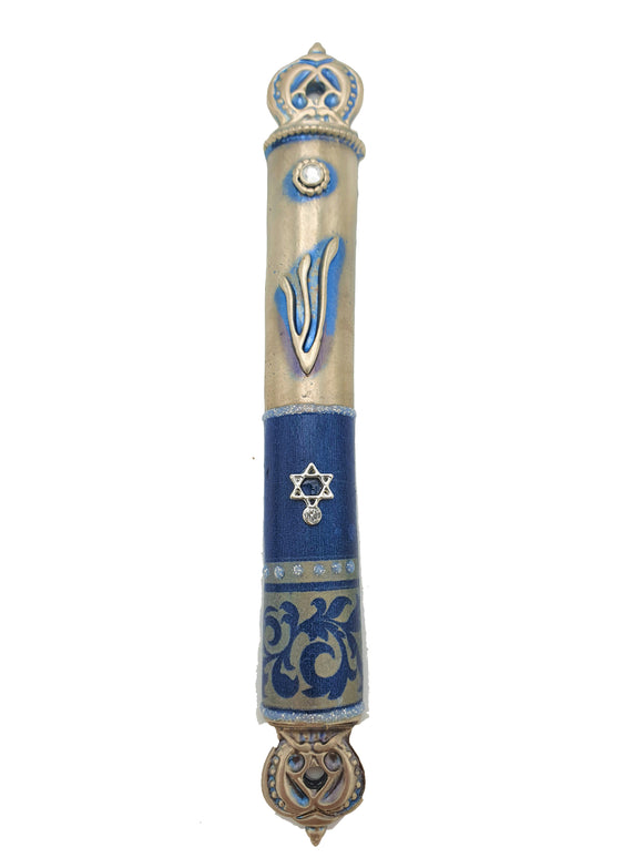 Pewter Crown Mezuzah 12 cm - Blue