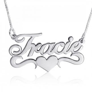 Sterling Silver English Script Name Necklace with Heart & Double Flourish