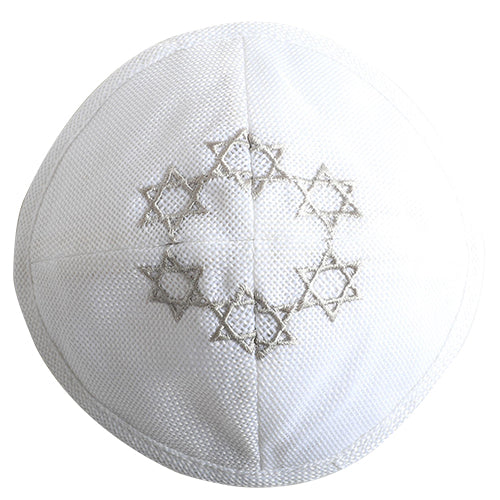 Linen Kippah 17 cm - White with Many Magen David Embroidery