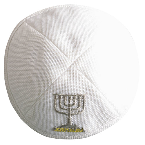 Linen Kippah 17 cm - White with Menorah Embroidery