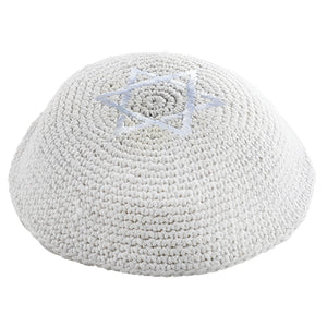 Knitted Kippah 16 cm- White with Star of David Embroidery