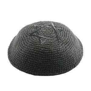 Knitted Kippah 16 cm- Black with Black Star of David Embroidery