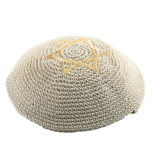 Knitted Kippah 16 cm- Beige with Gold Star of David Embroidery