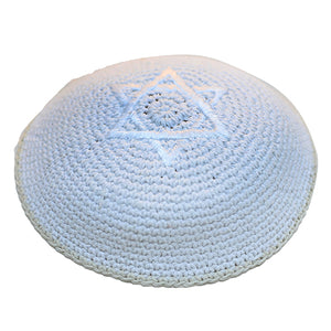 Knitted Kippah 16 cm - White with White Star of David Embroidery and Off White Sripe