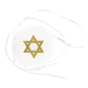 White Baby Knitted Kippah 7 cm with Gold Star of David Embroidery + Strings