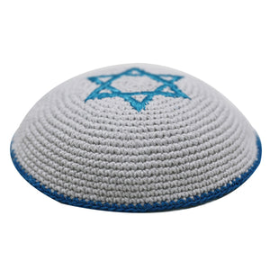 Knitted Kippah 17 cm - Light Blue Star of David Embroidery with Light Blue Stripe Around