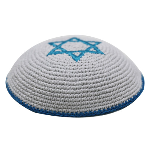 Knitted Kippah 17 cm - Light Blue Star of David Embroidery with Light Blue Stripe Around