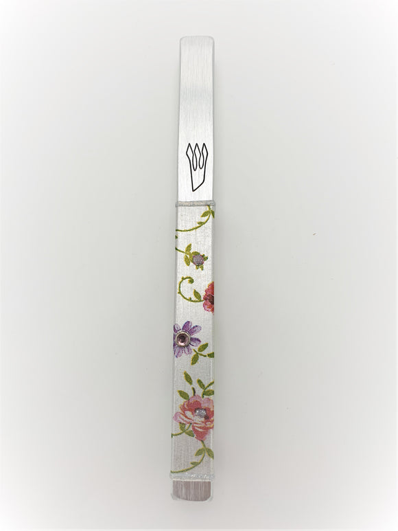 Silver Metal Mezuzah 15 cm - Flowers