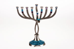 Curvy Aluminum Menorah with Blue Lace Base