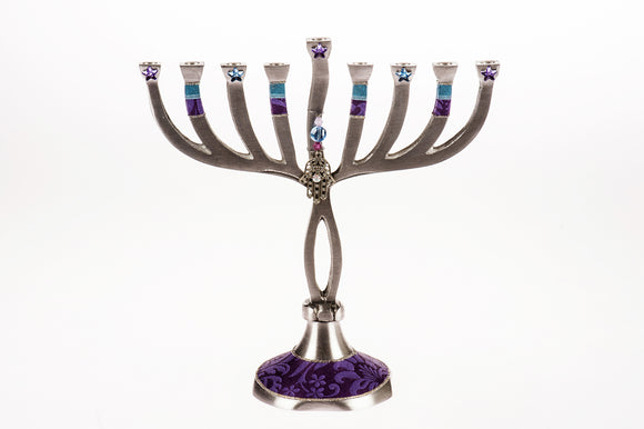 Curvy Aluminum Menorah with Purple Lace Base