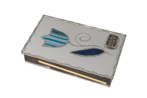 Large Silver Matchbox Holder with Blue Tulip