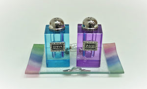 Crystal Blue & Purple Cube Salt & Pepper Set with Tray