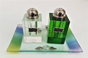 Crystal Clear & Green Cube Salt & Pepper Set with Tray